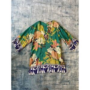 Cabi Green Pink Blue Floral 100% Silk Tunic Top Small